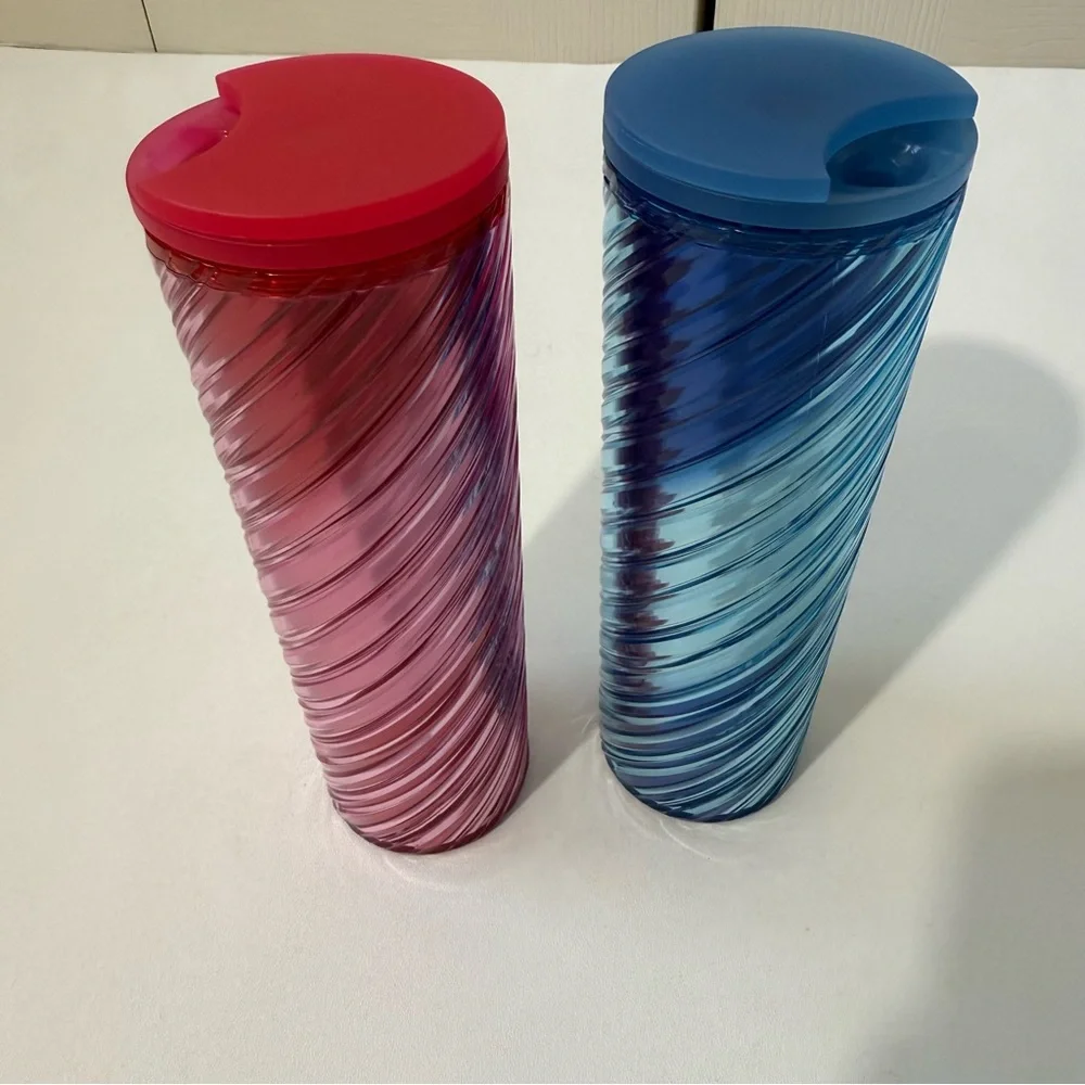 Starbucks 2022 Holiday Candy Cane Swirl Acrylic Tumbler Bundle Pink & Blue 16 OZ